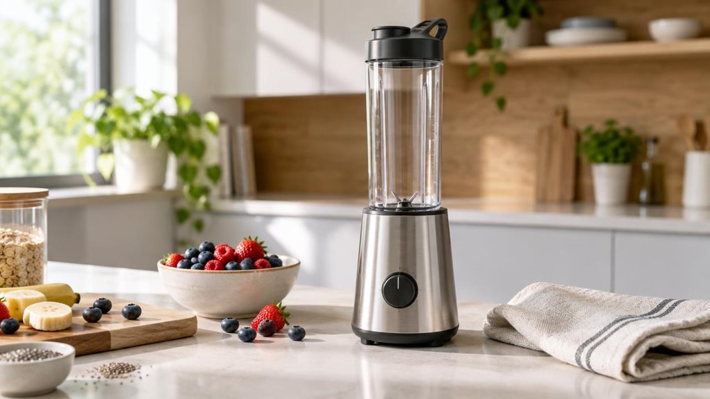 A photograph of a single compact personal blender on a bright, modern kitchen counter, composed horizontally in a 16:9 landscape frame. The blender is the clear hero: a sleek brushed-silver base with a simple dark control dial and a transparent blending bottle fitted with a secure lid. It stands naturally beside a folded linen towel, a small bowl of fresh berries, and a few scattered ingredients, suggesting an everyday breakfast routine without showing anyone or implying the 