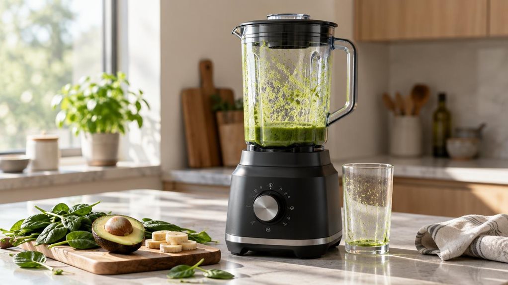 A photograph of a sleek, matte-black countertop blender positioned on a quartz kitchen island, bathed in soft morning light streaming through a nearby window. The blender's robust base features subtle brushed-metal accents and intuitive dial controls, while its large, transparent jug reveals a vivid remnant of green smoothie clinging to the sides. Scattered around it are fresh ingredients—a halved avocado, a handful of spinach leaves, and a few slices of ripe banana on a smal