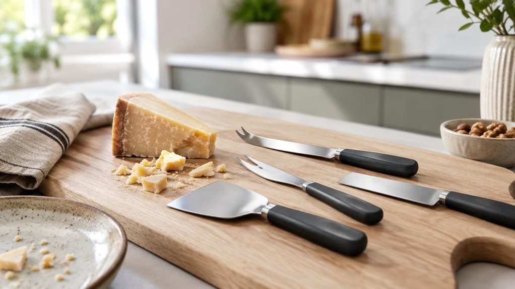 A photograph of a Boska Holland cheese knife set arranged casually on a pale oak serving board in a bright, modern kitchen. The 16:9 landscape composition places the compact set in the foreground: several stainless-steel cheese knives with simple dark handles rest beside a small wedge of aged cheese and a few crumbs, suggesting an everyday gathering without showing anyone mid-action. A folded linen napkin and a ceramic plate add understated, natural detail. Soft window light 
