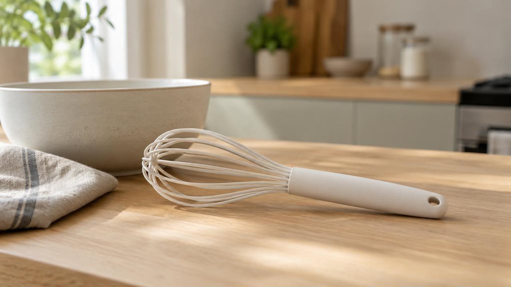 A photograph of a single large all-nylon whisk resting casually on a light oak kitchen countertop, shown in a horizontally composed 16:9 landscape scene with a calm, lifestyle aesthetic. The whisk lies near a matte ceramic mixing bowl and a folded linen tea towel, as if left there moments after quiet everyday baking. Its smooth, pale handle and rounded nylon loops are clearly visible, cleanly lit by soft natural window light that falls across the countertop in gentle highligh