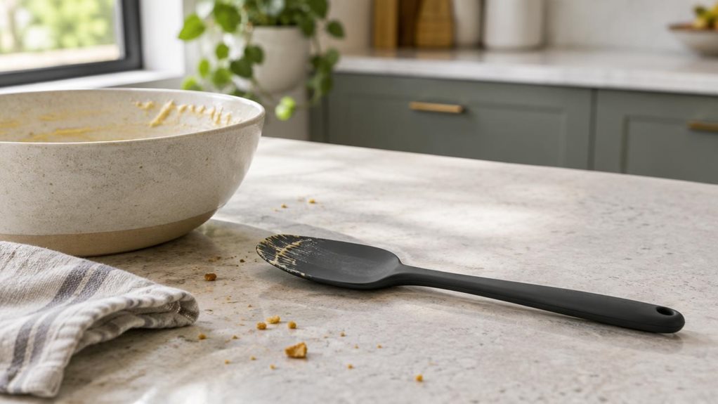 A photograph of a small, all-nylon spatula resting beside a mixing bowl on a clean, modern kitchen counter, composed as a horizontal 16:9 landscape scene. The spatula is the clear hero, its slim dark handle and flexible, gently curved head shown in crisp detail against a pale stone surface. Nearby, a folded linen towel, a ceramic bowl with a little batter residue, and a few scattered crumbs suggest an ordinary baking session, without showing anyone or catching the utensil mid