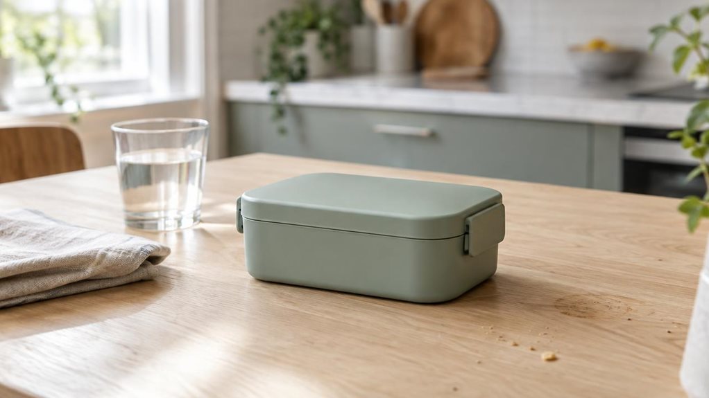 A photograph of a single sleek bento lunch box resting on a pale oak table in a bright, modern kitchen, composed as a horizontal 16:9 landscape scene. The compact rectangular box has a muted sage-green lid, softly rounded corners, and subtle clasp details, with no visible branding. Beside it, a folded linen napkin and a simple glass of water suggest an everyday lunch setting without distracting from the product. A few crumbs and faint marks on the tabletop lend the scene a na