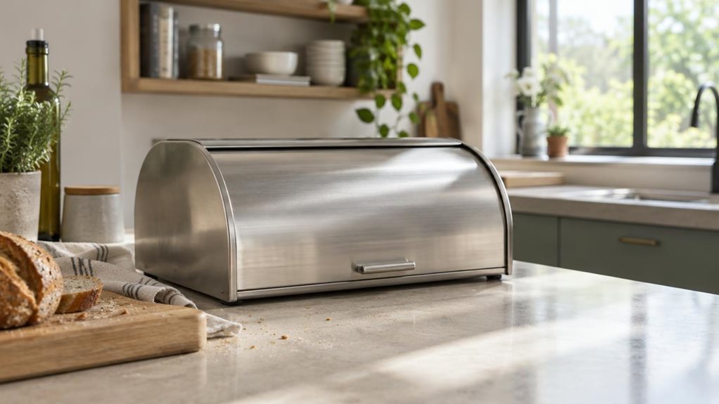 A photograph of a single medium roll-top bread bin resting on a pale stone countertop in a calm, modern kitchen. The bin has a gently curved lid, a brushed stainless-steel finish, and a small understated handle; its clean, unmarked surface looks realistic and subtly reflects the room. Nearby, a wooden cutting board, a folded linen tea towel, and a few crumbs suggest everyday use without making the scene feel staged. In the softly blurred background, open shelves and a sunlit 
