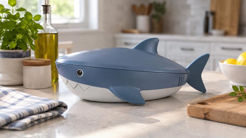 A photograph of a single shark-shaped BranQ Home Essential container resting on a tidy kitchen counter, shown in a horizontally composed 16:9 landscape scene. Its smooth, molded body and playful shark silhouette are clearly visible, with the lid neatly in place and the container positioned naturally among a folded tea towel, a small wooden cutting board, and a few everyday kitchen items. The scene feels candid and observational, as though captured during a quiet moment in a l
