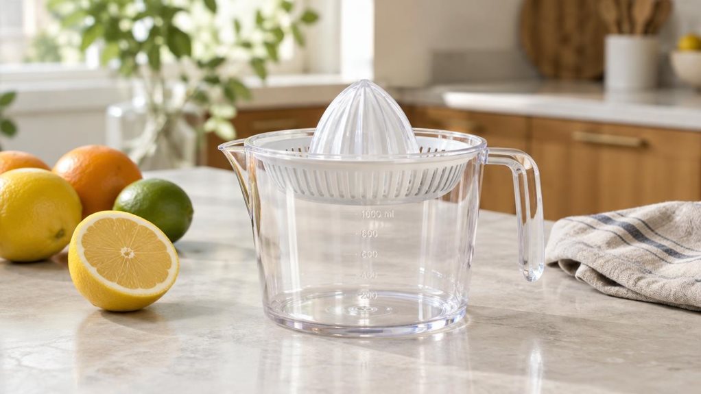 A photograph of a single clear Tritan citrus juicer resting on a light stone countertop in a bright, modern kitchen, composed horizontally in a 16:9 landscape frame. Its transparent pitcher catches the soft morning light, revealing subtle molded measurement marks and a pale, ridged reamer beneath the matching strainer. A halved lemon and a few whole citrus fruits sit casually nearby, with a folded linen towel adding a lived-in touch. The juicer is the clear hero, shown in its
