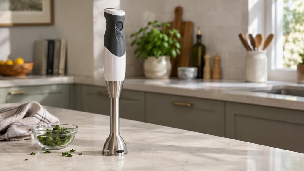 A photograph of a single hand blender resting upright on a pale stone kitchen counter, its brushed stainless-steel blending shaft attached to a sleek white-and-charcoal handle. The blender is the clear hero of a horizontally composed 16:9 landscape scene, with a small glass bowl of chopped herbs and a folded linen towel nearby, suggesting an everyday home kitchen without making the setup feel staged. Soft daylight enters from a window at the side, creating gentle highlights o