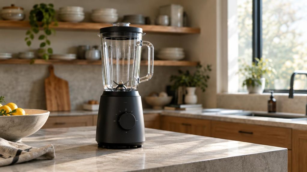 A photograph of a sleek black countertop blender placed naturally on a warm, modern kitchen island, framed in a horizontal 16:9 landscape composition as if captured candidly by a high-end camera. The blender has a matte dark base, a clear glass jar with subtle reflections, and a compact, premium silhouette that feels quietly integrated into the space rather than staged. Behind it, softly blurred open shelving, ceramic bowls, a cutting board, and a sunlit window create a calm,