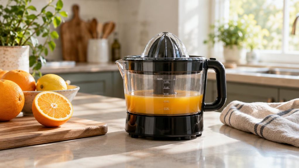 A photograph of a compact black citrus juicer resting on a sunlit kitchen counter, composed as a horizontal 16:9 landscape scene. The juicer is the clear hero, its glossy dark housing, transparent reamer, and graduated collection bowl rendered with lifelike detail. A halved orange, a few whole citrus fruits, and a casually folded linen towel sit nearby, suggesting an everyday kitchen without making the scene feel staged. Soft morning light falls across the counter, while the 