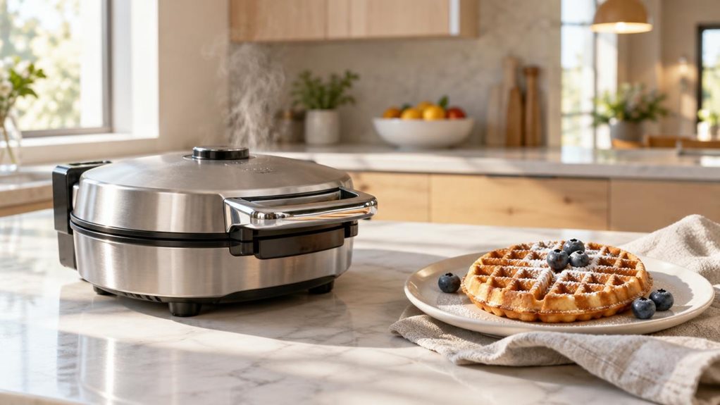 A photograph of a stainless steel waffle maker resting on a sunlit kitchen countertop, its sleek curved body reflecting soft morning light streaming through a nearby window. The appliance sits closed, with a faint wisp of steam still rising from its hinge, suggesting recent use. Beside it, a small white plate holds a freshly made waffle, golden-brown and lightly dusted with powdered sugar, a few blueberries scattered artfully nearby. A linen napkin, slightly wrinkled, rests u