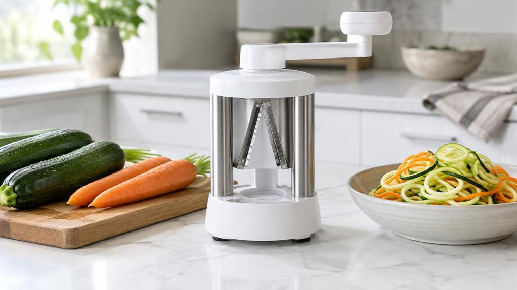 A photograph of a sleek, unbranded 7-blade spiralizer resting on a bright, modern kitchen countertop in a horizontally composed 16:9 landscape scene. The compact white-and-stainless-steel tool is centered as the hero product, placed naturally beside a wooden cutting board, a few freshly washed zucchini and carrots, and a shallow bowl of curled vegetable noodles, suggesting everyday use without showing motion. Soft natural window light falls across the scene, creating gentle h