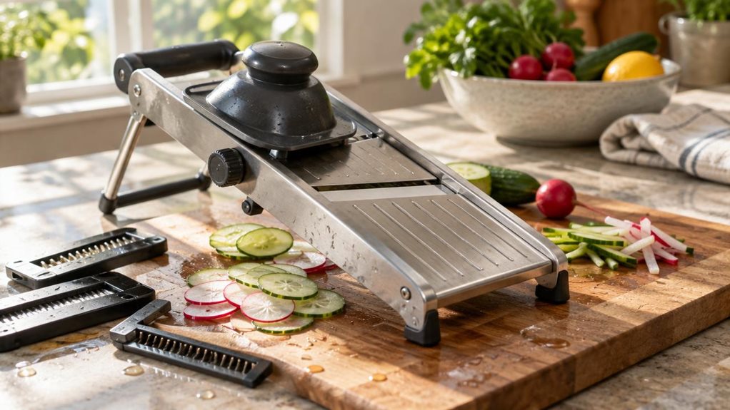 A photograph of a stainless steel mandolin slicer resting diagonally across a wooden cutting board on a sunlit kitchen countertop. The 16:9 landscape composition captures the tool mid-pause, as if set down momentarily between tasks, with thin translucent slices of cucumber and radish scattered beside it, catching the light along their edges. The mandolin's adjustable blade and safety guard are clearly visible, showing brushed metal texture and subtle fingerprints that suggest