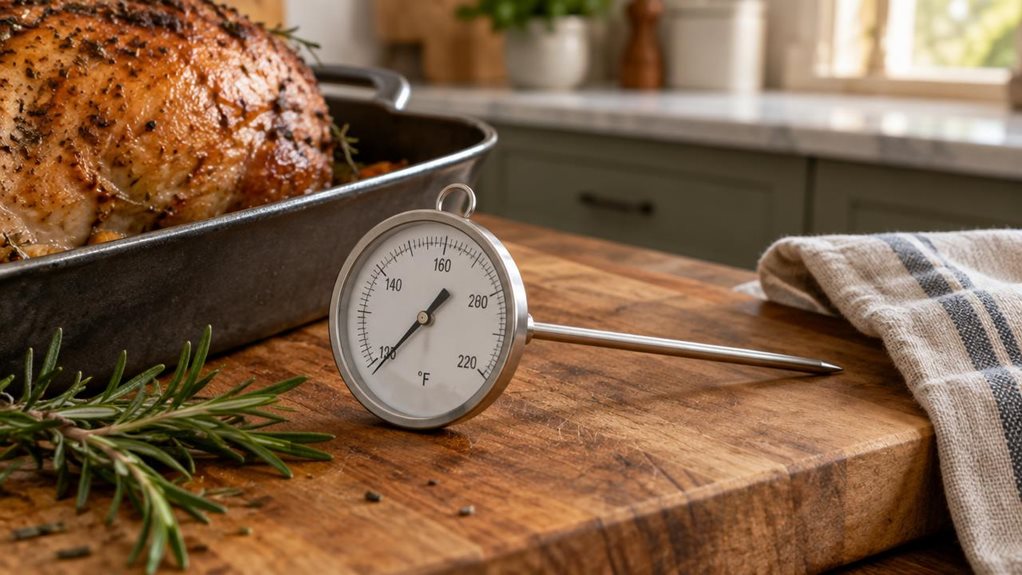 A photograph of a single analog roasting thermometer resting beside a golden-brown roast in a home kitchen, composed as a horizontal 16:9 landscape scene. The thermometer is the clear hero: its round white dial, fine black markings, slender metal probe, and small hanging loop are sharply detailed, with no visible branding. It lies naturally on a wooden cutting board near a roasting pan, a folded linen towel, and a few sprigs of fresh rosemary, as if someone set it down after