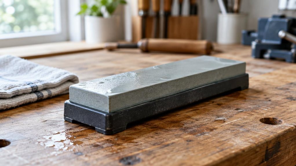 A photograph of a single rectangular sharpening stone resting on a well-used wooden workbench in a bright, tidy home workshop. Composed horizontally in a 16:9 landscape frame, the stone is the clear hero, shown at a natural three-quarter angle with its fine, slightly damp abrasive surface and sturdy base rendered in crisp detail. A folded cotton cloth and a few softly blurred workshop tools sit nearby, suggesting everyday use without making the scene feel staged or mid-action