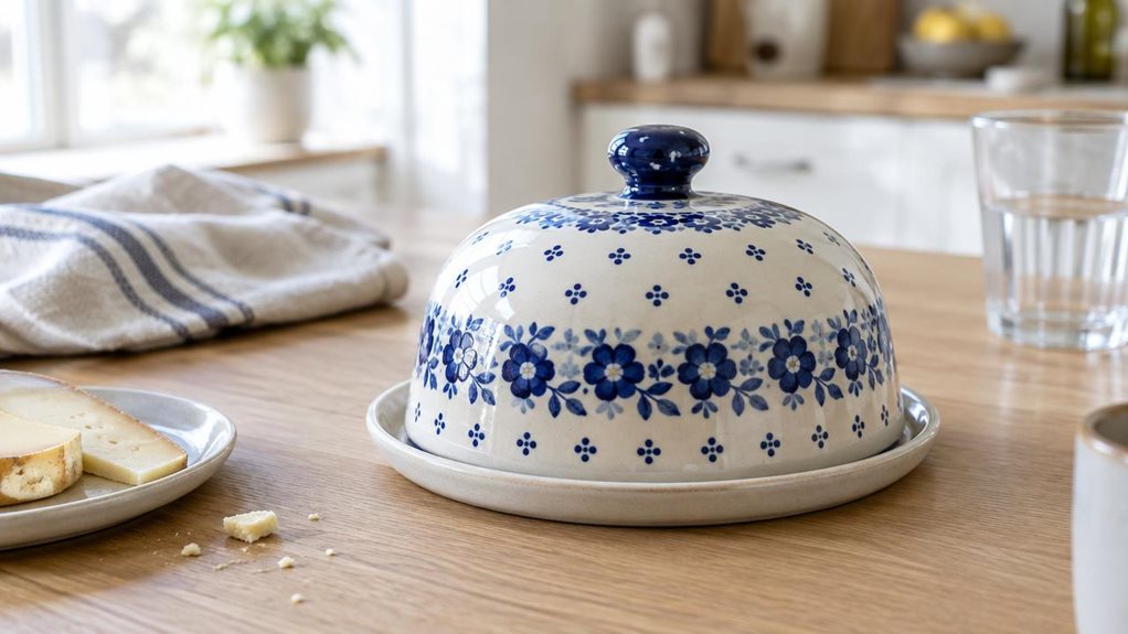 A photograph of a single blue-and-white Bunzlauer-style ceramic cheese cover, Decor 120, resting on a pale stoneware plate atop a light oak kitchen table. The rounded dome features a small knob and a delicate hand-painted pattern of cobalt-blue flowers and dots, with a subtle handmade glaze that catches the light. A few slices of cheese and crumbs sit nearby, suggesting an everyday breakfast setting without distracting from the cover. In the softly blurred background, a linen