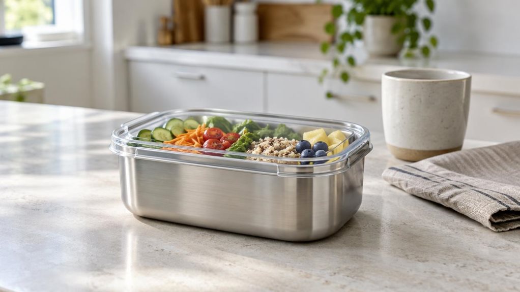 A photograph of a single stainless steel food container resting on a pale stone kitchen counter in a horizontally composed 16:9 landscape scene. Its softly rounded rectangular body, brushed silver finish, and clear fitted lid are shown in crisp detail, with a neatly packed lunch visible inside: colorful sliced vegetables, greens, and a few pieces of fruit. The container sits naturally beside a folded linen napkin and a simple ceramic cup, suggesting an everyday kitchen moment
