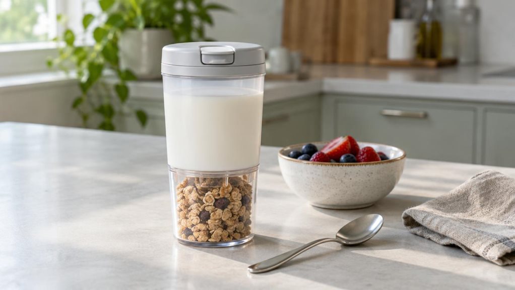 A photograph of a single portable cereal cup resting on a light kitchen counter beside a small bowl of fresh berries, in a horizontally composed 16:9 landscape scene. The cup is the clear hero, shown in crisp detail with a practical two-part design: a translucent lower compartment holding granola and a fitted upper section containing milk, with a secure lid and understated, unmarked finish. A teaspoon and a casually folded linen napkin sit nearby, suggesting an ordinary break