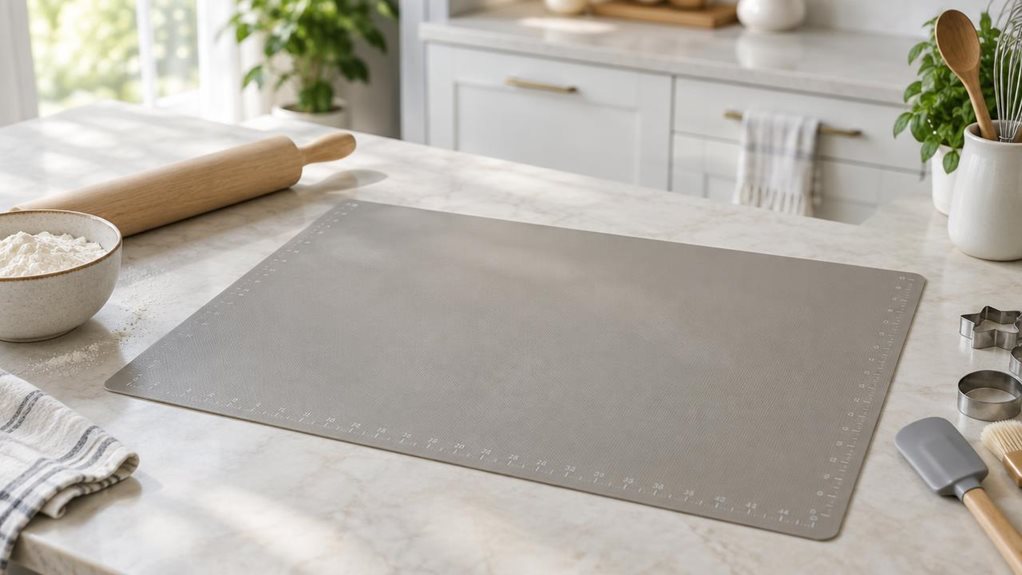 A photograph of a single large silicone baking mat resting flat on a pale stone countertop in a bright, modern home kitchen. The mat is a muted warm gray, with a fine, realistic nonstick texture and subtle measurement markings along its edges; its generous rectangular shape is clearly visible. A wooden rolling pin and a small ceramic bowl of flour sit nearby, while a few neatly arranged baking tools add context without distracting from the mat. The scene feels candid and obse