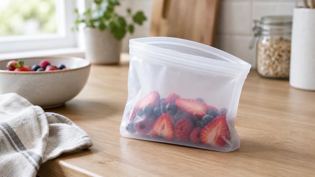 A photograph of a single reusable silicone food storage bag, set casually on a light oak kitchen counter in a bright, modern home, captured in a horizontal 16:9 landscape composition. The bag is slightly open and partially filled with fresh berry slices, its matte translucent surface catching soft daylight from a nearby window. Nearby, a ceramic bowl, a linen tea towel, and a glass jar sit quietly out of focus, creating a clean, contemporary lifestyle scene. The product is th