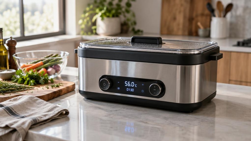 A photograph of a sleek countertop sous vide center resting on a modern kitchen island, its stainless steel and matte black water tank gleaming under soft natural light pouring in from a nearby window. The digital display glows faintly, showing a temperature readout, while condensation lightly fogs the inner edge of the clear lid. Surrounding the unit, a few kitchen props complete the candid scene: a wooden cutting board with fresh herbs, a folded linen towel, and a glass bow
