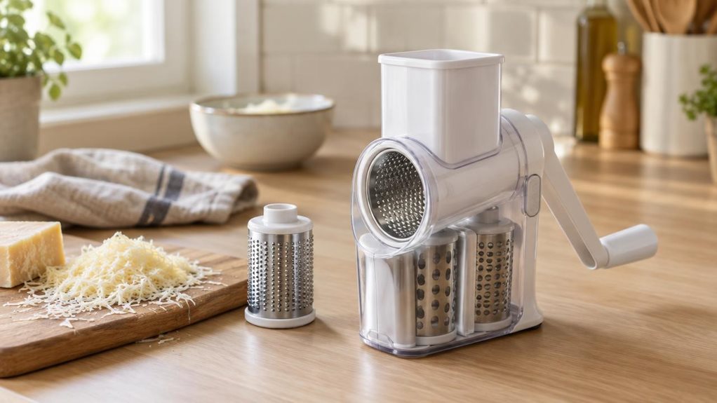 A photograph of a compact 5-in-1 handheld grater resting on a light oak kitchen countertop, positioned slightly off-center to the right within a horizontal 16:9 frame. The grater's sleek white and translucent plastic body catches soft, natural window light streaming in from the left, highlighting its ergonomic shape and interchangeable grating drums visible through the clear housing. One drum, textured for fine shredding, sits beside the main unit, as if recently used. A smal