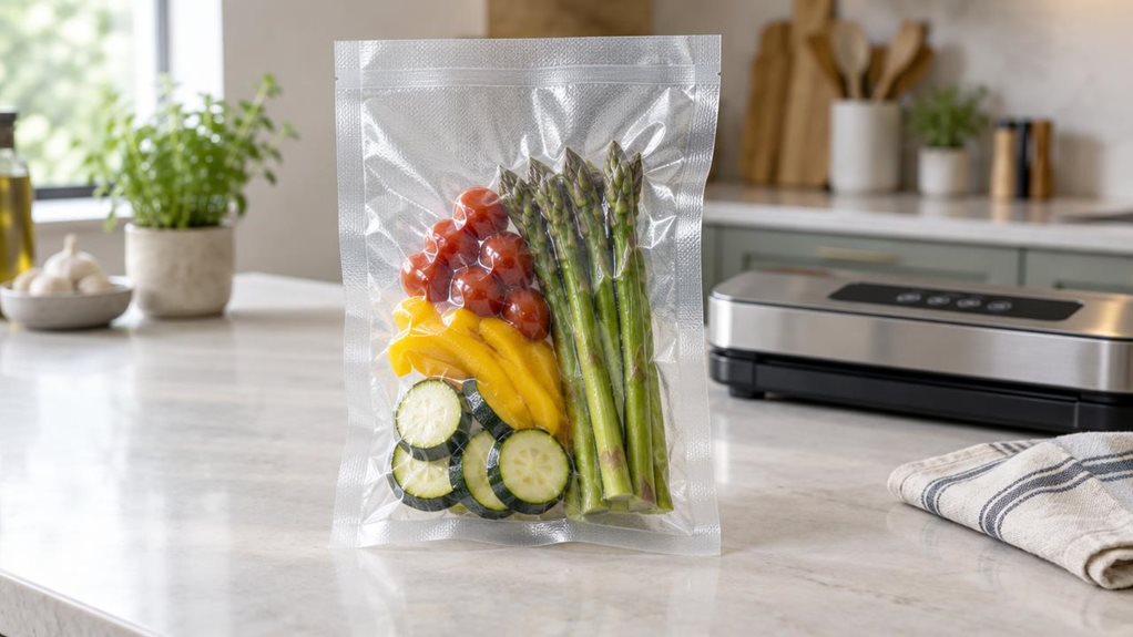 A photograph of a single clear, textured vacuum-sealer pouch measuring 20 × 30 cm, resting naturally on a pale stone kitchen counter. The pouch is the hero of a horizontally composed 16:9 landscape scene, shown upright with its sealed edges and fine embossed channels clearly visible; a few neatly arranged vegetables can be seen through the transparent material. Nearby, a compact stainless-steel vacuum sealer and a folded linen tea towel suggest everyday kitchen use, while rem