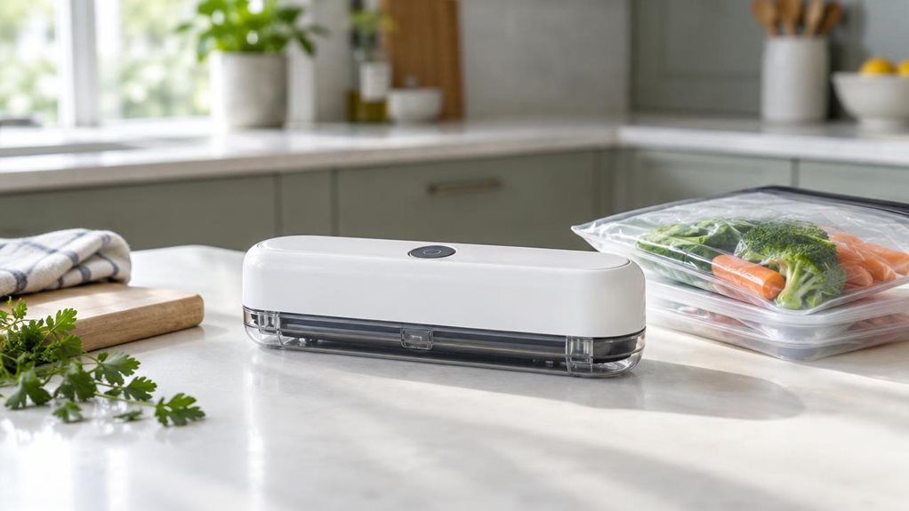 A photograph of a compact, cordless vacuum sealer resting on a bright kitchen countertop, composed horizontally in a 16:9 landscape frame. The single appliance is the clear hero: a sleek white body with softly rounded edges, a dark control button, and a transparent lower section that hints at its practical mechanism. Beside it sits a neatly stacked reusable food-storage bag containing fresh vegetables, suggesting everyday use without showing the sealer in action. A pale wood 