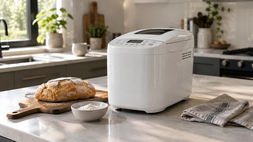A photograph of a sleek white countertop bread maker sitting naturally on a modern kitchen island, framed in a horizontal 16:9 landscape scene with a calm, lived-in feel. The appliance is the clear hero of the image, placed beside a wooden cutting board, a small bowl of flour, and a folded linen towel, as if it has just been used for a homemade loaf. Soft morning light spills in from a nearby window, creating gentle highlights on the smooth plastic and subtle shadows across t