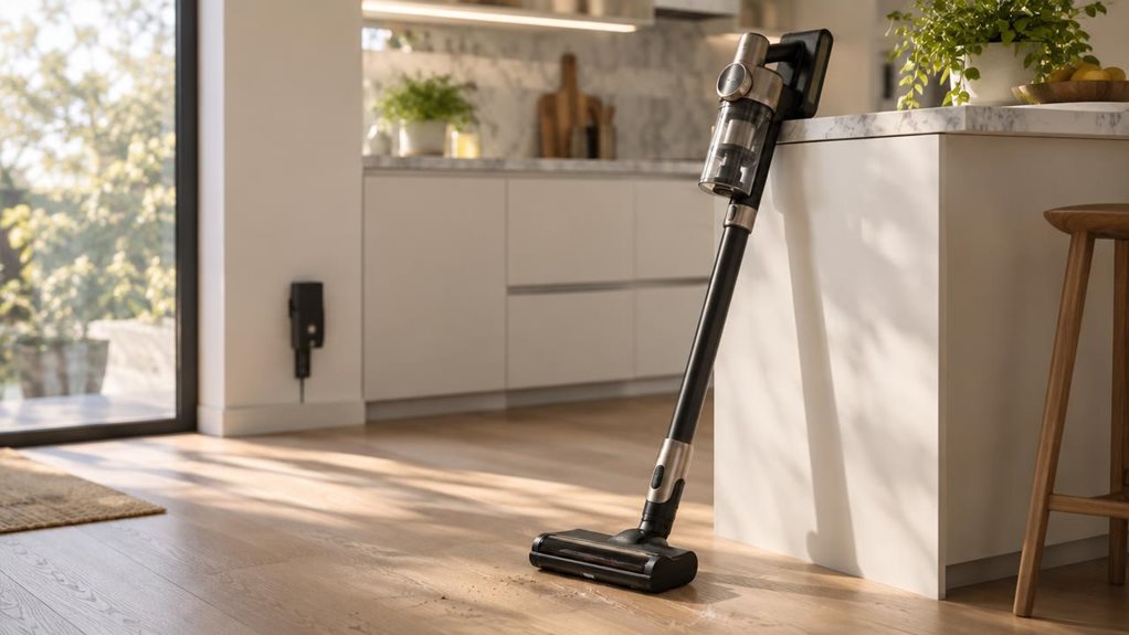 A photograph of a sleek black and titanium-finished stick vacuum cleaner resting upright against a kitchen island, captured in a sunlit modern home. The 16:9 landscape composition shows the appliance positioned on light oak flooring, its cyclonic canister and metallic accents catching soft, warm afternoon light streaming through a nearby window. The matte black body contrasts elegantly with brushed titanium detailing along the handle and motor housing. In the softly blurred b