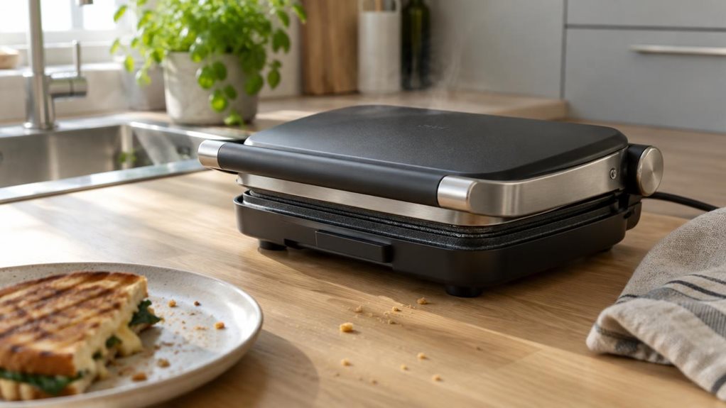 A photograph of a compact contact grill resting closed on a light oak kitchen countertop, positioned slightly off-center to the right within a horizontally framed 16:9 scene. The grill’s matte black housing and brushed stainless steel edges catch soft, natural daylight streaming in from a nearby window, creating gentle highlights along its curved hinge and cool-touch handle. A faint wisp of steam still lingers near the closed lid, suggesting recent use, while a few scattered 