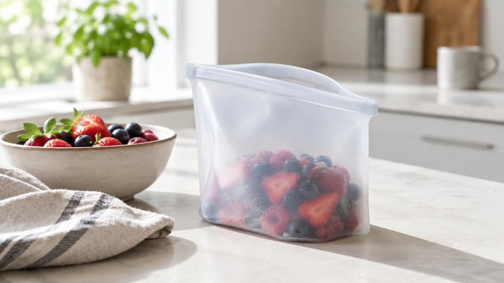 A photograph of a single silicone food storage bag resting casually on a bright, modern kitchen countertop in a horizontally composed 16:9 landscape scene, styled like a candid high-end lifestyle shot. The translucent reusable bag sits slightly open beside a bowl of fresh berries and a linen tea towel, suggesting everyday meal prep without feeling staged. Soft morning light streams in from a nearby window, creating gentle highlights along the flexible matte surface and subtle