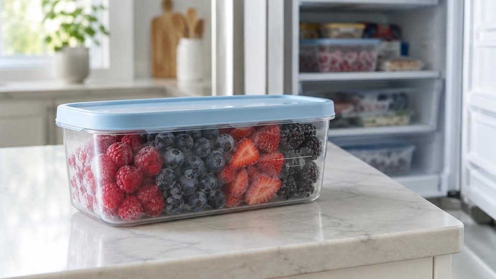 A photograph of a single clear 1.1-liter freezer container with a snug, pale-blue lid, resting on a clean kitchen counter beside an open freezer. The container is filled with neatly portioned berries, their deep reds and blues visible through the transparent sides; a faint chill of condensation makes the scene feel freshly prepared for storage. In the softly blurred background, the freezer shelves and a few understated kitchen details establish a natural home setting without 
