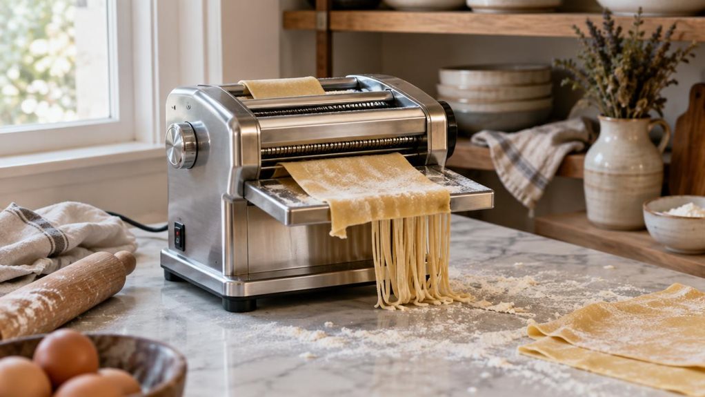 A photograph of a stainless steel electric pasta machine resting on a marble kitchen countertop, positioned slightly off-center within a horizontally composed 16:9 frame. The machine's rollers and cutting attachments catch soft, natural window light streaming in from the left, casting gentle highlights across its brushed metal surface. A light dusting of flour surrounds its base, with a few fresh pasta sheets draped casually over the extrusion tray, as if just made moments ag