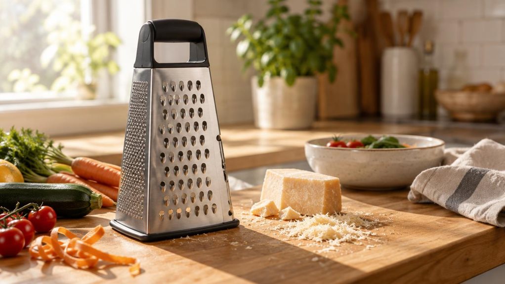 A photograph of a compact 3-way kitchen grater resting on a wooden cutting board beside a scatter of fresh vegetables and a block of parmesan cheese. The grater, triangular in shape with three distinct grating surfaces, stands upright on a sunlit countertop, its brushed stainless steel surface catching soft morning light streaming through a nearby window. The composition is horizontal, 16:9, with the grater positioned slightly left of center, allowing a softly blurred kitchen