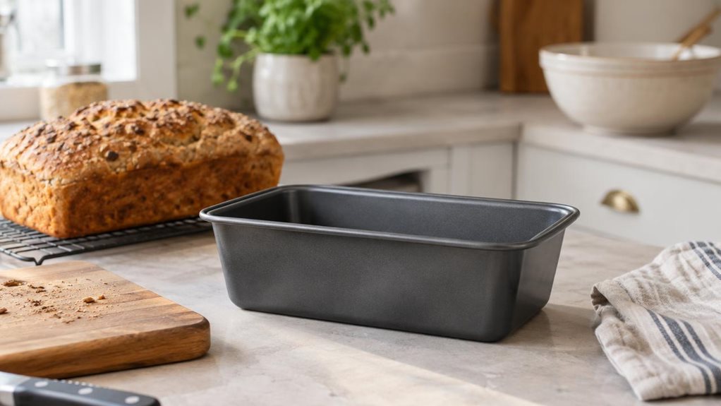 A photograph of a single 900g loaf tin resting on a pale stone kitchen counter, composed as a horizontal 16:9 landscape scene. The dark, nonstick metal tin is the clear hero, positioned naturally beside a wooden chopping board and a folded linen tea towel in a calm, modern home kitchen. A freshly baked loaf sits nearby, suggesting the tin’s everyday use without making the scene feel staged. Soft daylight falls from a window just outside the frame, creating gentle highlights a