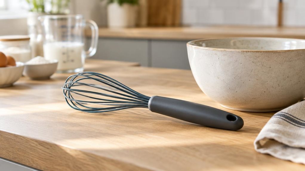 A photograph of a single BPA-free nylon whisk resting naturally in a modern kitchen beside a ceramic mixing bowl, captured in a horizontally composed 16:9 landscape scene. The whisk is centered as the hero product, lying casually on a light oak countertop with a folded linen towel nearby and a few subtle baking ingredients in the background, suggesting a real home cooking moment without any visible action. Soft morning light streams in from the left, creating gentle highlight