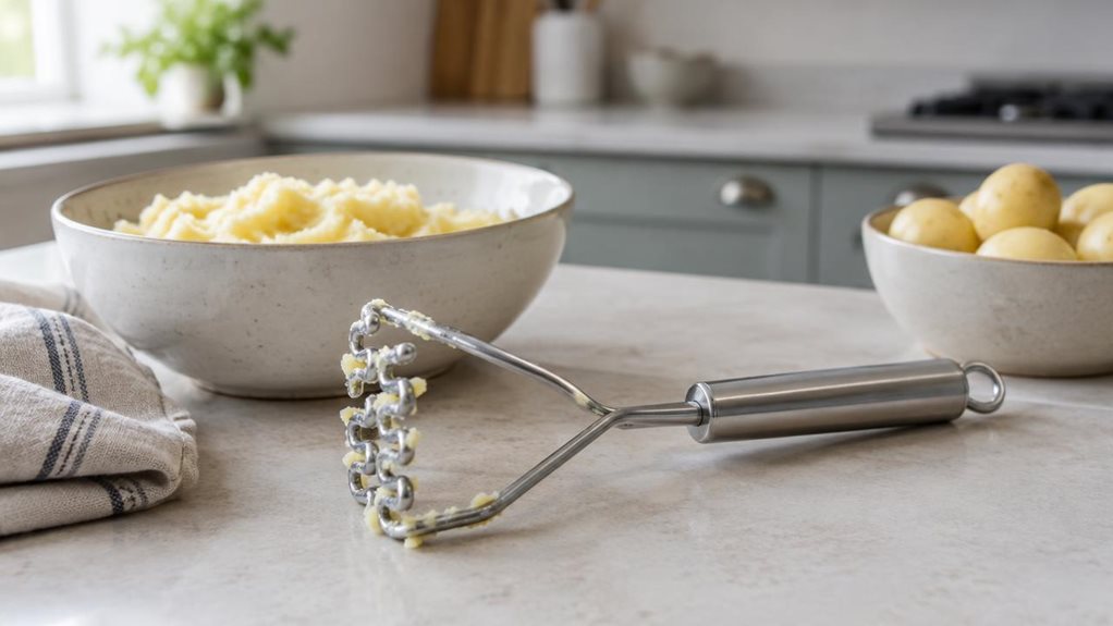 A photograph of a single stainless-steel potato masher resting naturally beside a ceramic bowl of freshly mashed potatoes on a light kitchen worktop. The masher is the clear hero, its sturdy metal handle and simple, practical zigzag mashing head shown in crisp detail, with a few traces of potato on the head for a realistic, just-used feel. A folded linen tea towel and a small bowl of boiled potatoes sit nearby, suggesting an everyday home-cooking setting without clutter. The