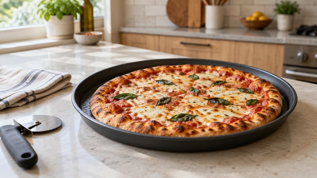 A photograph of a single round, dark nonstick pizza pan resting on a pale stone kitchen counter, with a freshly baked pizza inside. Its golden crust looks crisp and lightly browned, with bubbling cheese and a few scattered basil leaves. A simple pizza cutter and folded linen napkin sit nearby, suggesting an everyday home meal without feeling staged. The pan is the clear hero, shown at a natural three-quarter angle so its shallow rim and textured surface are visible. In the so