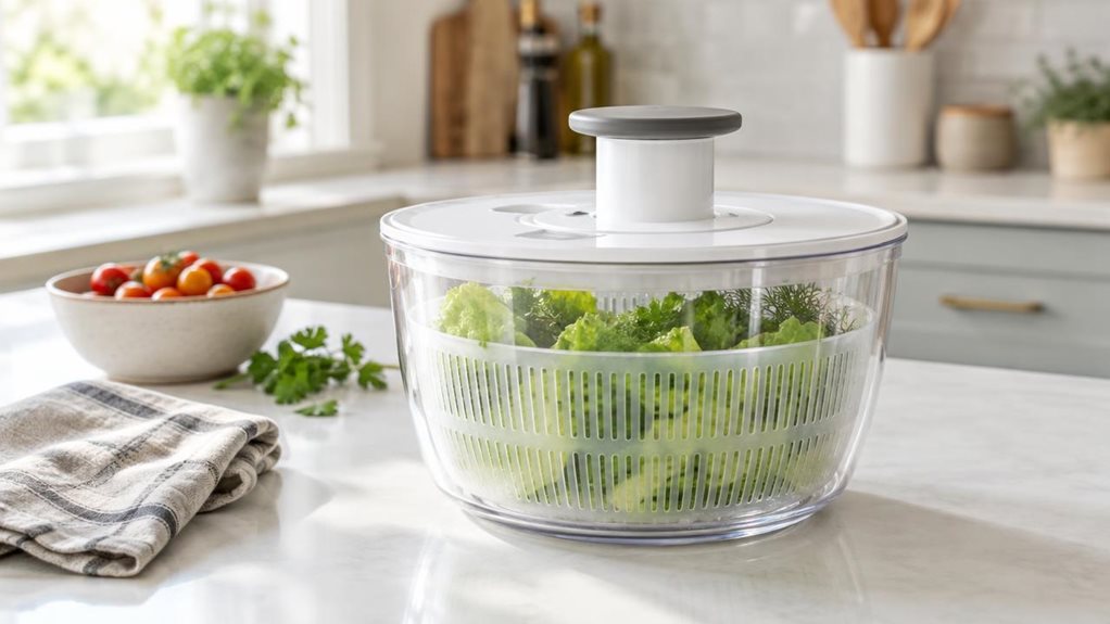 A photograph of a single 4.4-liter salad spinner resting on a bright, uncluttered kitchen counter, composed horizontally in a 16:9 landscape frame. The clear bowl reveals crisp lettuce leaves and a few fresh herbs, while the matching lid and simple central handle give the spinner a practical, everyday look. Nearby, a folded linen towel and a small bowl of cherry tomatoes add a relaxed, lived-in touch without distracting from the product. The scene feels candid and observation