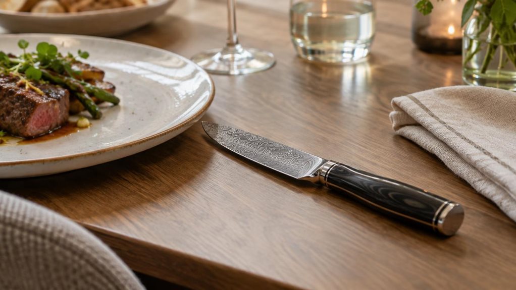 A photograph of a single damask-pattern steak knife resting beside a ceramic dinner plate on a warmly lit dining table, its layered steel blade and dark, polished handle clearly visible. The knife is the hero of a horizontally composed 16:9 landscape scene, naturally placed in an elegant modern dining room with a linen napkin, subtle glassware, and a softly out-of-focus meal nearby. The framing feels candid and observational, as if captured casually with a high-end camera bef