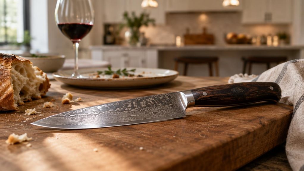 A photograph of a single Chef Cuisine damask steak knife resting diagonally across a wooden cutting board on a kitchen countertop, captured in a horizontal 16:9 landscape frame. The knife's blade displays intricate rippling damask patterning that catches soft, natural window light streaming in from the left, highlighting the layered steel texture. The handle is dark polished wood with subtle grain, slightly worn from use. Beside the knife, a few breadcrumbs and a torn piece o