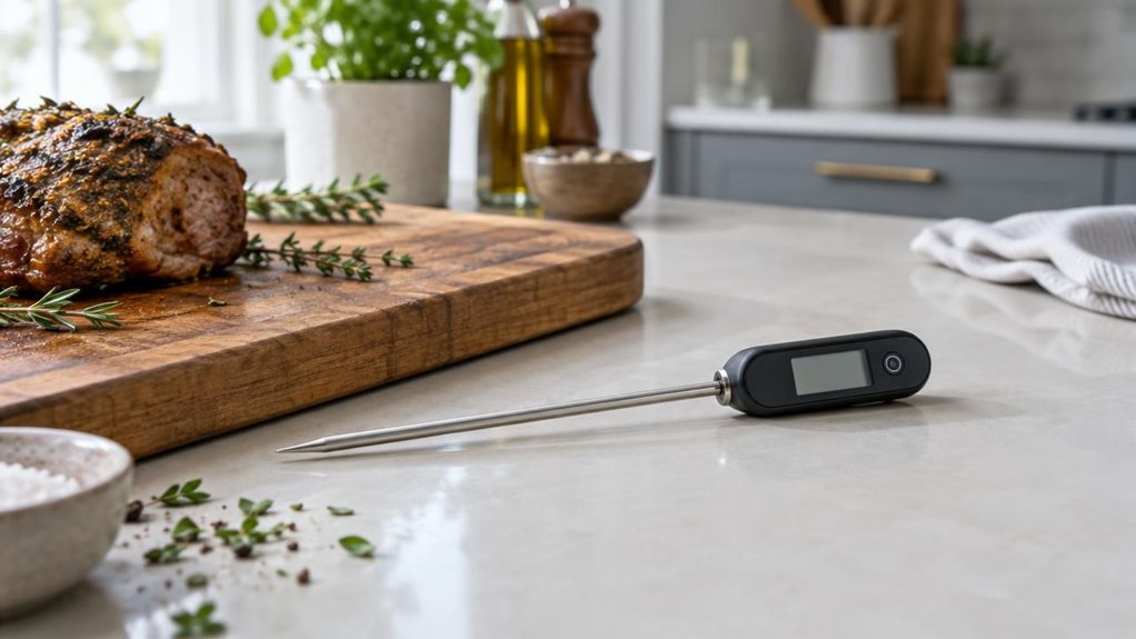 A photograph of a single digital instant-read thermometer resting beside a wooden cutting board on a clean, modern kitchen counter, composed horizontally in a 16:9 landscape frame. Its slim stainless-steel probe and compact dark display handle are clearly visible, with a small roast and a few scattered herbs nearby to suggest its natural place in a home cooking setting. The thermometer is the hero, captured at a relaxed, slightly elevated angle as though noticed during a quie