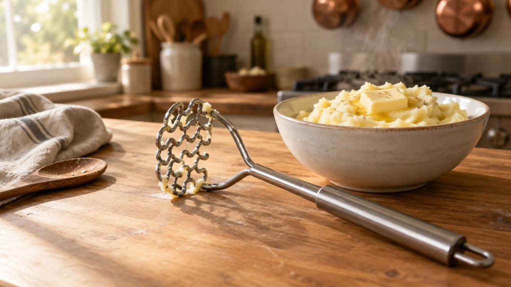 A photograph of a stainless steel potato masher resting on a wooden kitchen countertop, its wavy-grid head still dusted with a few flecks of mashed potato. The masher lies diagonally across the frame, handle extending toward the lower right corner, catching a soft highlight along its brushed metal surface. Beside it sits a ceramic bowl filled with creamy, freshly mashed potatoes, a pat of butter melting slowly on top. A faint wisp of steam rises into the warm afternoon light 