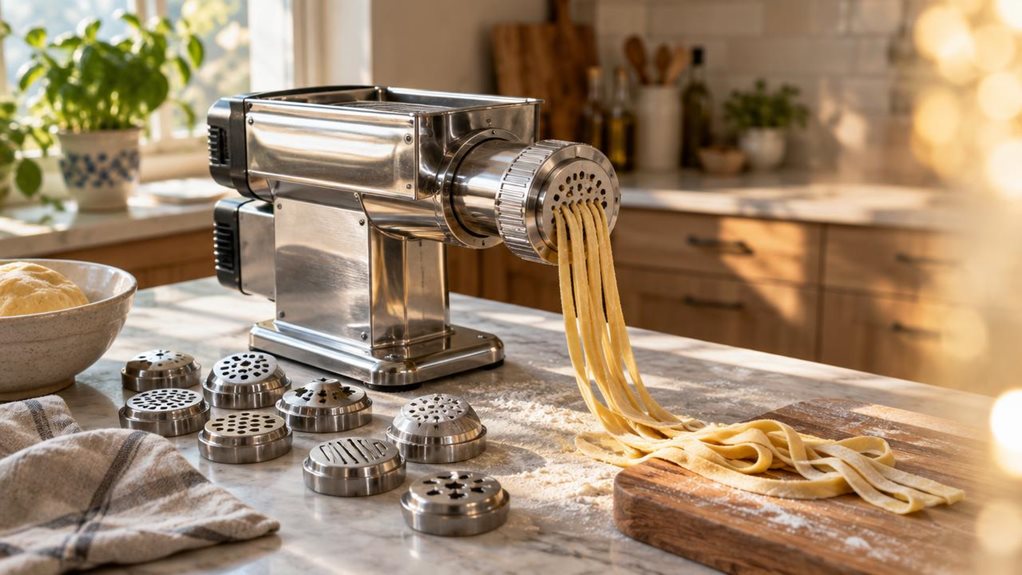 A photograph of a polished stainless steel pasta machine resting on a marble kitchen countertop, bathed in warm afternoon sunlight streaming through a nearby window. The machine's multiple die attachments are casually arranged beside it, hinting at the eleven interchangeable shapes it can produce, with one die still attached to the extrusion head. A light dusting of flour surrounds the base, and a few freshly cut strands of fettuccine drape over the edge of a wooden cutting b