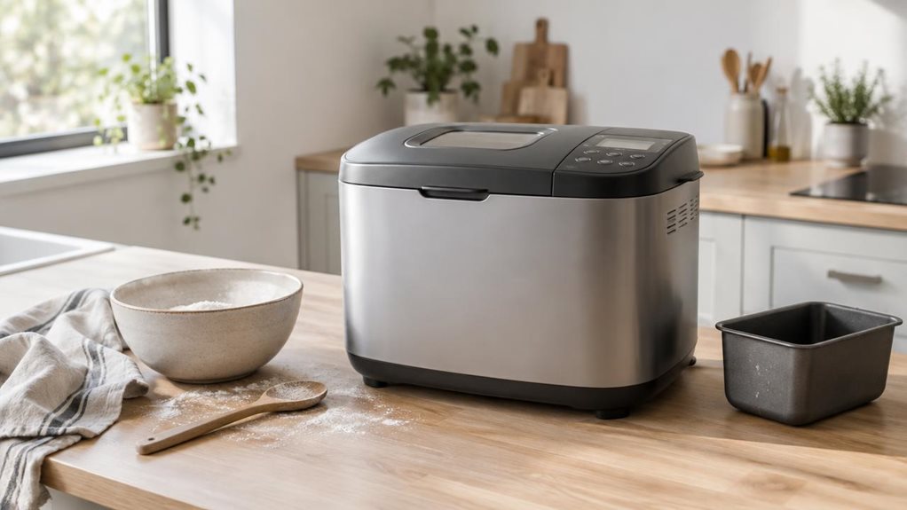 A photograph of a modern bread maker sitting naturally on a light oak kitchen countertop in a bright, minimalist home kitchen, framed in a horizontal 16:9 landscape composition. The appliance is the clear hero of the scene, shown closed and at rest rather than in action, with subtle reflections on its smooth matte body and a small viewing window catching soft daylight from a nearby window. Around it are understated lifestyle details: a linen tea towel, a ceramic bowl with flo