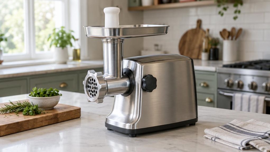A photograph of a single stainless-steel meat mincer resting on a clean kitchen counter in a bright, lived-in home kitchen, composed horizontally in a 16:9 landscape frame. The appliance is the clear hero, shown at a natural three-quarter angle with its feed tray, metal grinding head, and sturdy base visible. Nearby, a wooden cutting board, a small bowl of fresh herbs, and a folded kitchen towel add understated context without distracting from the product. The scene feels can