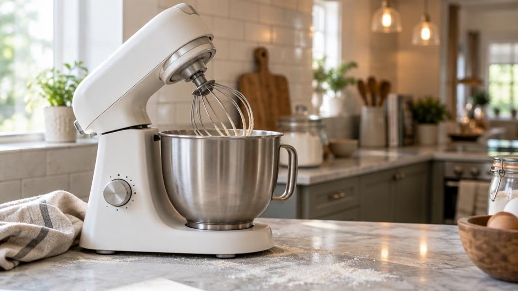 A photograph of a white stand mixer resting on a marble kitchen countertop, positioned slightly off-center to the left within a horizontally composed 16:9 frame. The mixer's tilted head is raised, revealing a stainless steel mixing bowl with a whisk attachment catching soft morning light streaming in from a nearby window. Flour dust lightly dusts the countertop surface around the base, suggesting recent use without appearing staged. Behind the mixer, a softly blurred backgrou