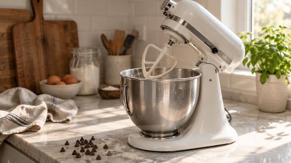 A photograph of a white stand mixer resting on a marble kitchen countertop, positioned slightly off-center to the right within a horizontal 16:9 frame. The mixer's tilted head is raised, revealing a stainless steel mixing bowl with traces of flour dusted along its rim. Morning sunlight streams in from a nearby window, casting soft, warm highlights across the glossy curves of the mixer's body and creating a gentle shadow that stretches across the counter. In the blurred backgr