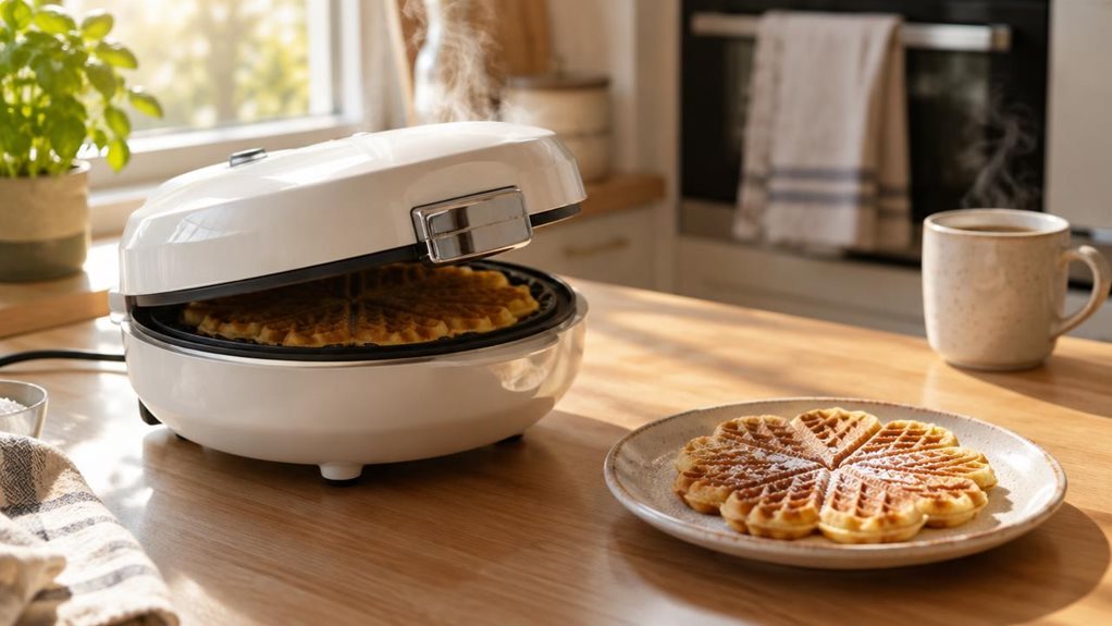 A photograph of a white Cloer-style waffle machine resting on a light oak kitchen counter, its round hinged lid slightly ajar, releasing a soft curl of steam into the morning air. A freshly baked heart-shaped waffle sits on a small ceramic plate beside it, golden-brown with deep imprinted grooves, dusted lightly with powdered sugar. Sunlight streams in from a nearby window, casting warm, natural highlights across the appliance's glossy curves and chrome latch, while soft shad