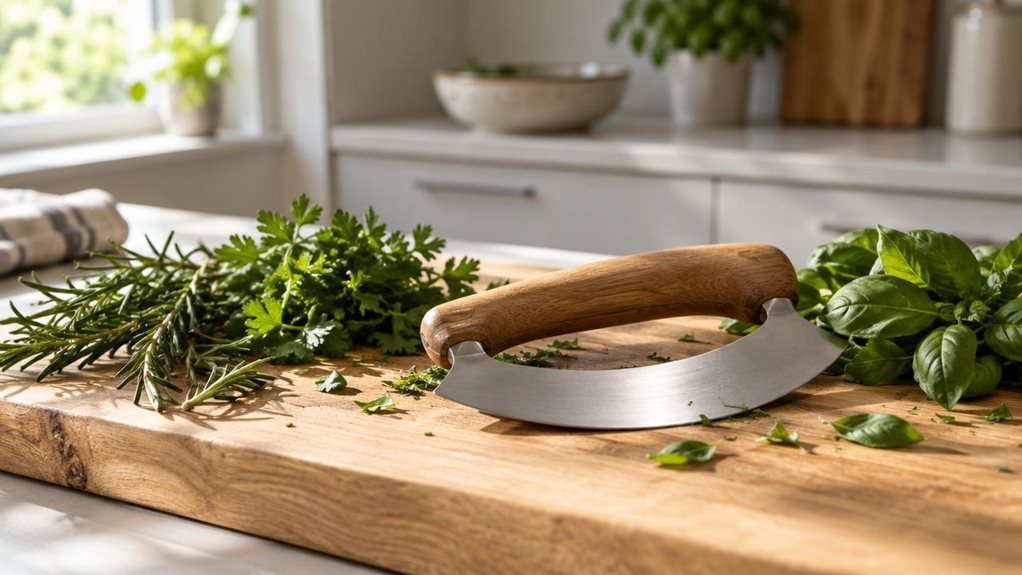 A photograph of a modern kitchen countertop bathed in soft natural daylight streaming from a nearby window. In the foreground, resting on a light oak wooden board, is a single wooden-handled herb chopping knife, its curved blade catching a gentle highlight from the window light. Sprigs of fresh herbs—rosemary, parsley, and basil—are scattered casually around it, with a few stray leaves suggesting recent use, though no hands or motion are present. The knife's handle shows a wa