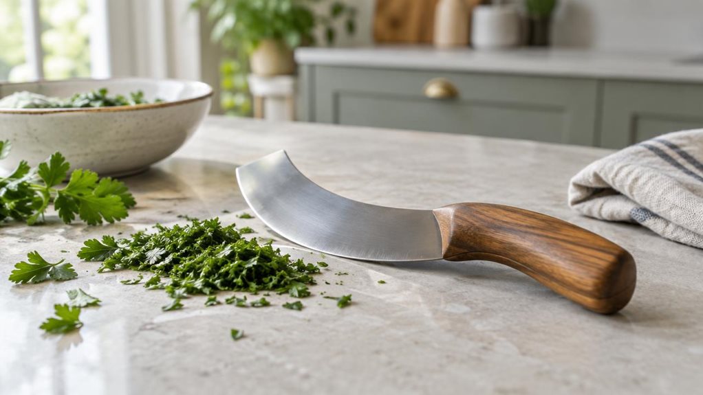 A photograph of a single wooden herb-chopping knife resting on a pale stone kitchen counter, its broad curved blade and smooth, warm-toned wooden handle clearly visible. A small scatter of freshly chopped parsley and a few intact herb leaves sit nearby, suggesting everyday kitchen use without showing anyone in action. The knife is the hero of the scene, casually placed beside a simple ceramic bowl and a folded linen tea towel in a calm, contemporary kitchen. Soft natural wind